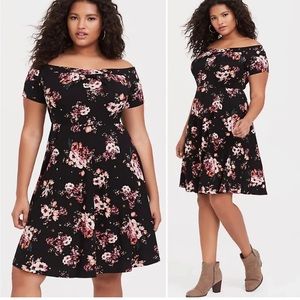 Torrid 00 Black Off The Shoulder Pink Floral Fit Flare Stretchy Skater Dress